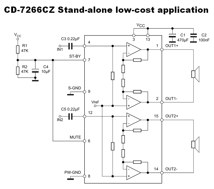 Vereinfachte Grundschaltung für den CD-7266CZ, am PIN 7 sollten laut Datenblatt min. 0,8V anliegen, damit der IC einschaltet. Vereinfachte Grundschaltung für den CD-7266CZ, am PIN 7 sollten laut Datenblatt min. 0,8V anliegen, damit der IC einschaltet.